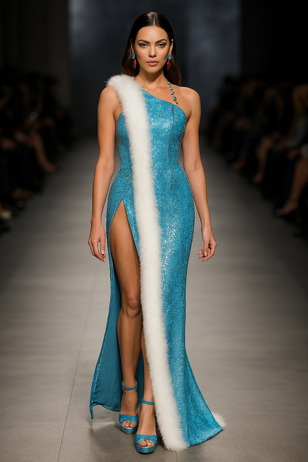 blue beaded halter gown