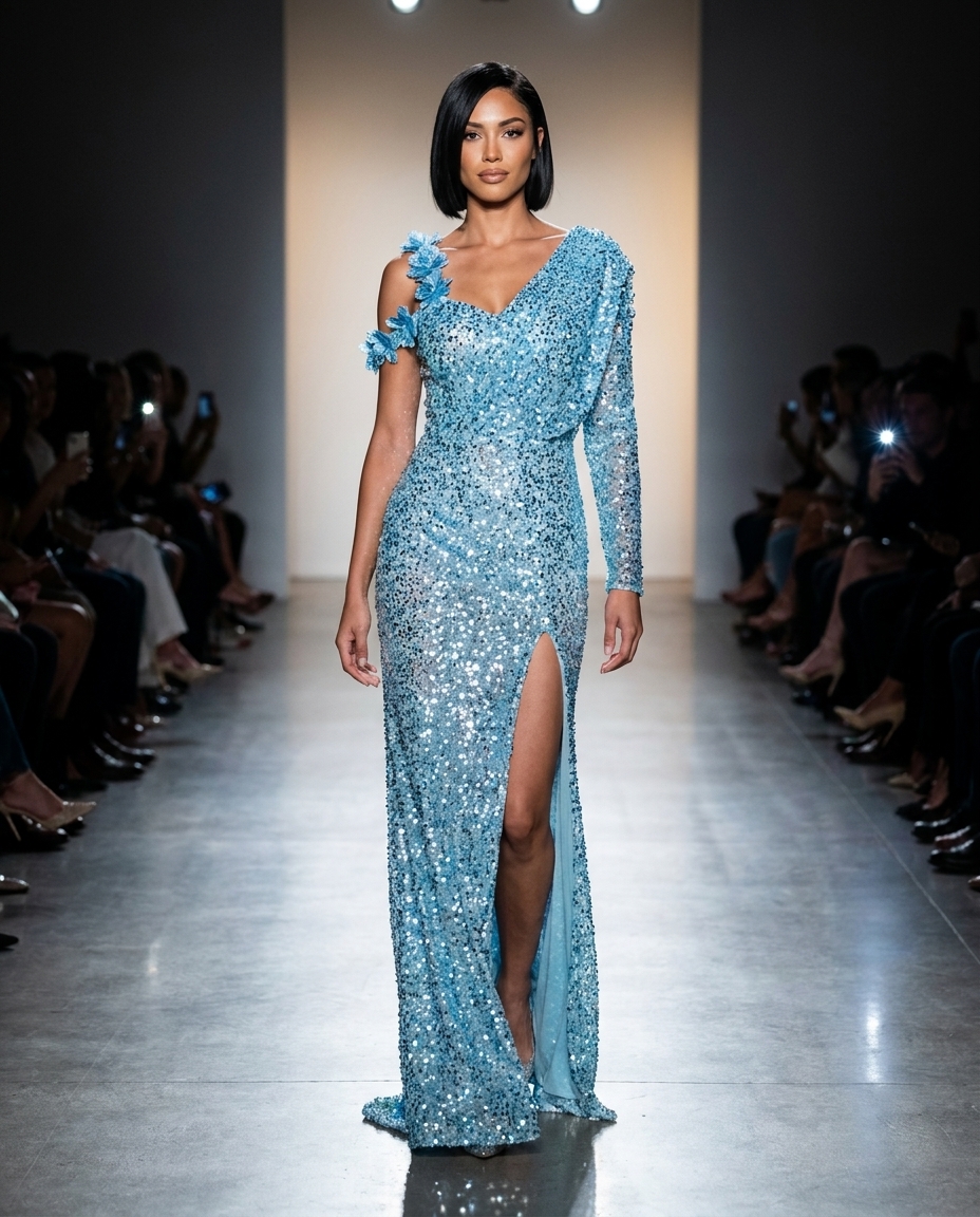 pale blue sequin one-shoulder gown