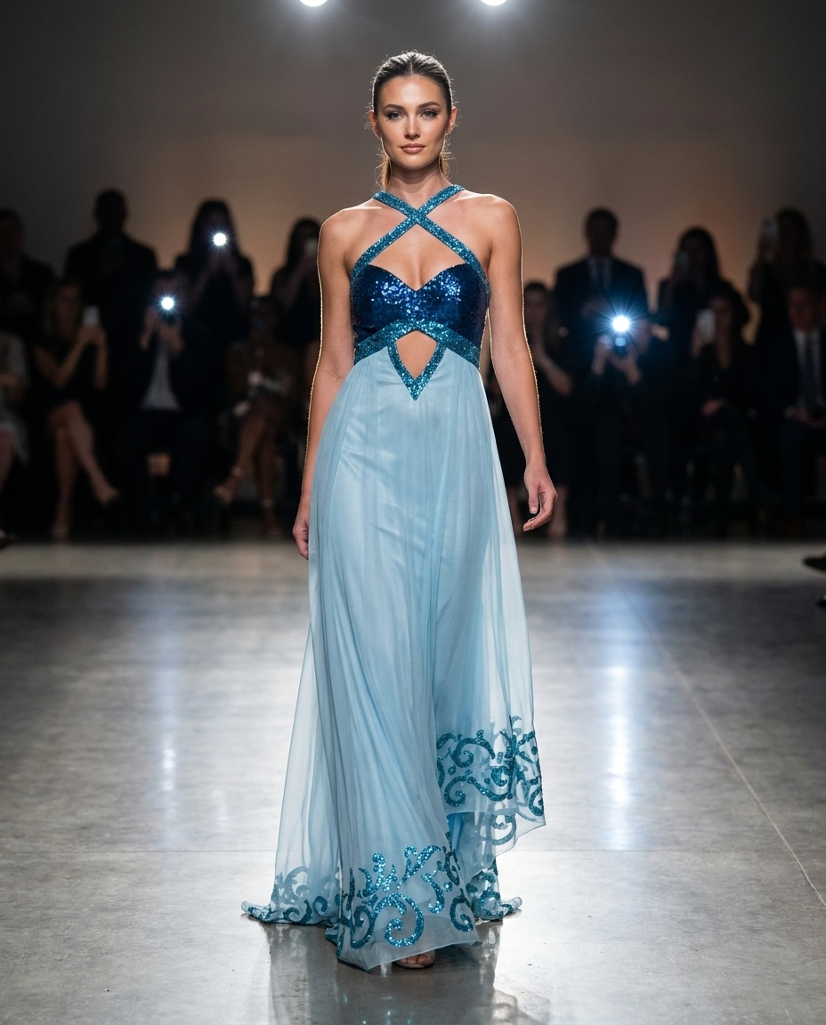 teal bustier with translucent embroidered train