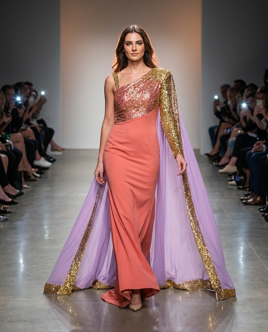 coral gown with gold sequin shoulders and lavender cape