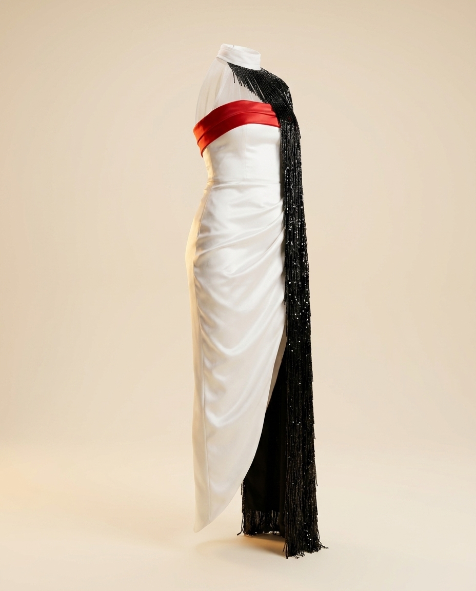Oscar B. — ivory satin with black beaded fringe