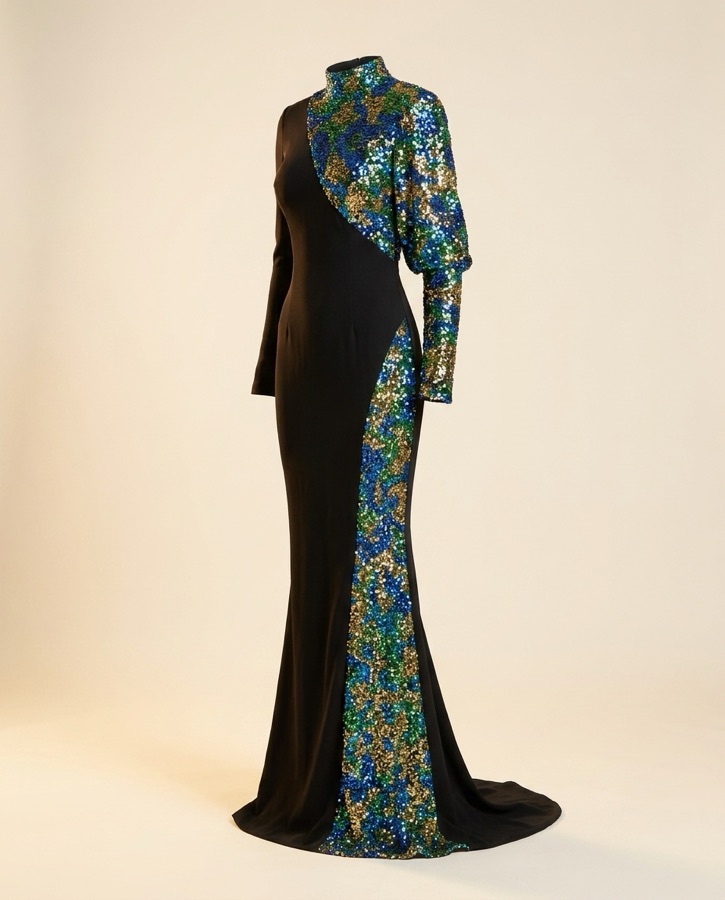 Caliente by Oscar B — black gown with sequin side panels