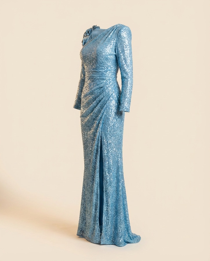Caliente by Oscar B — pale blue sequin one-shoulder gown
