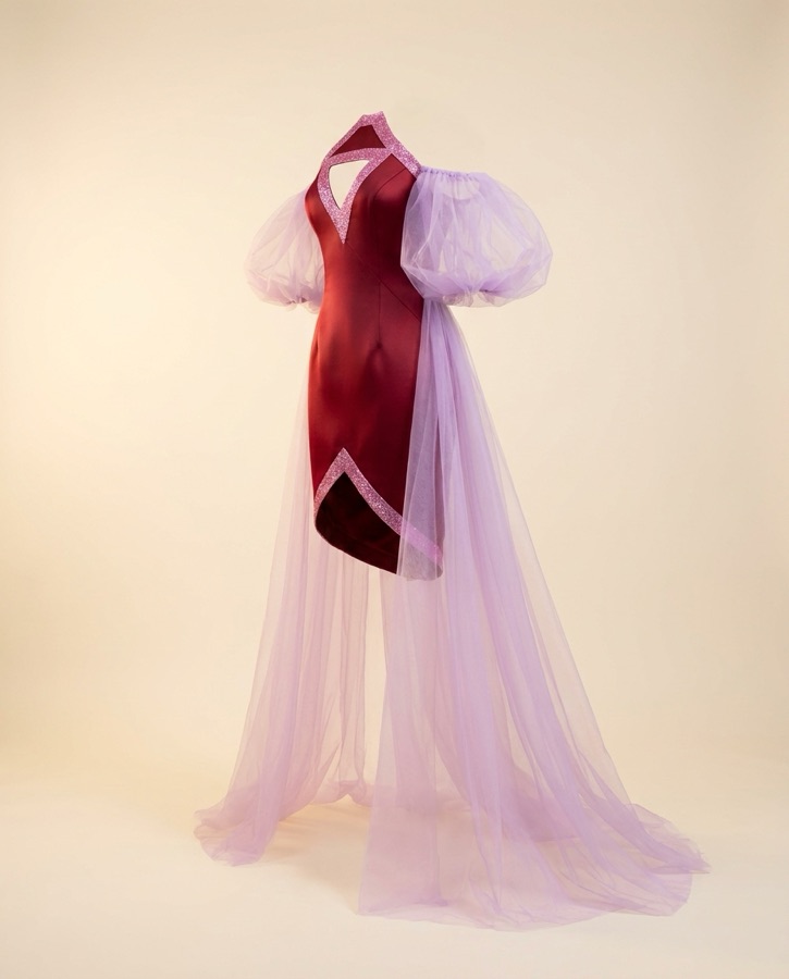 Caliente by Oscar B — wine velvet mini with lavender tulle overskirt