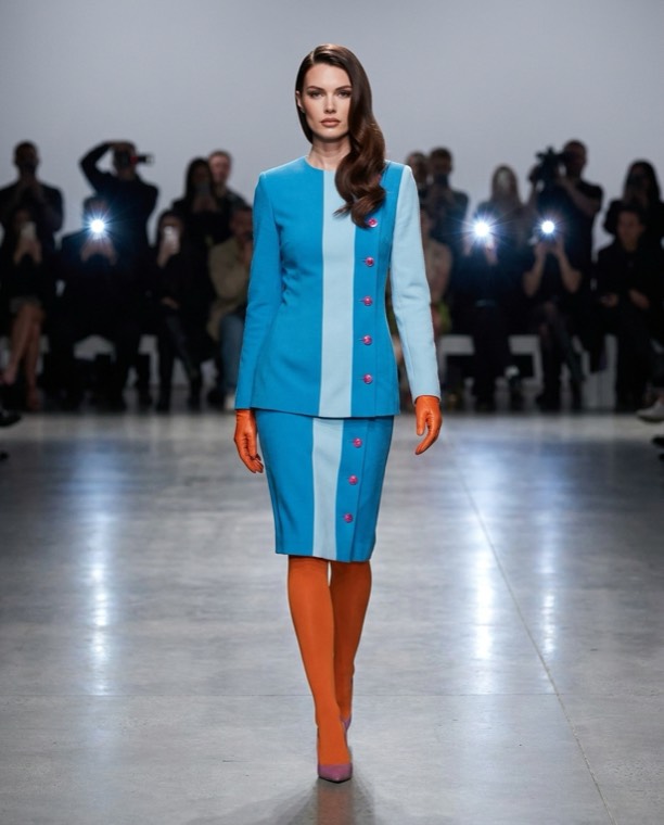 blue color-blocked skirt suit