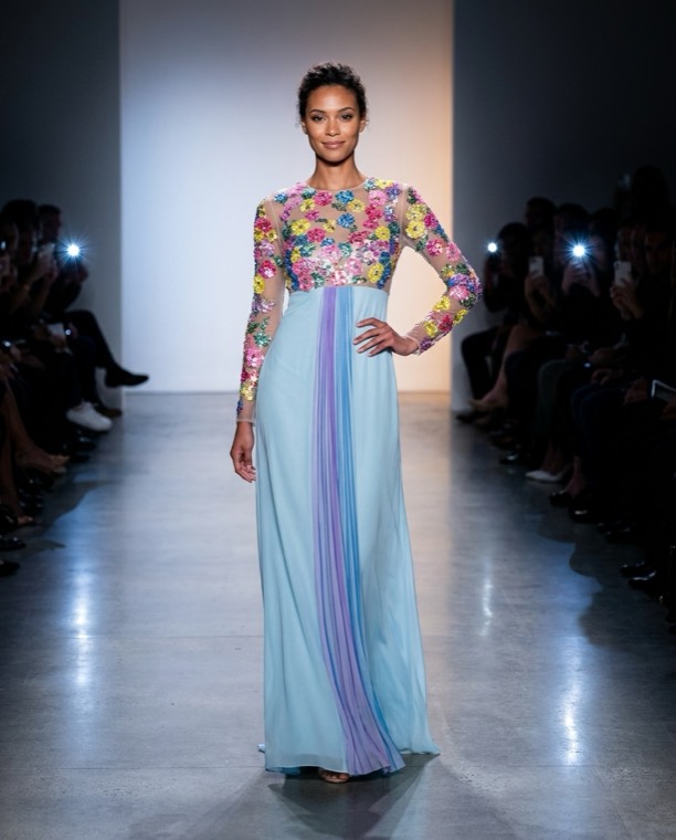 confetti sequin bodice with draped chiffon skirt